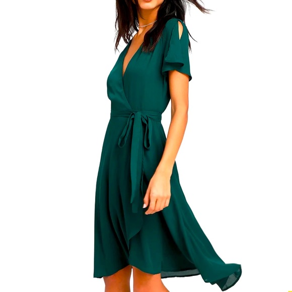 emerald green midi wrap dress Plus Size Warp Maxi Dress | Green Ruffle Sleeve main image 0